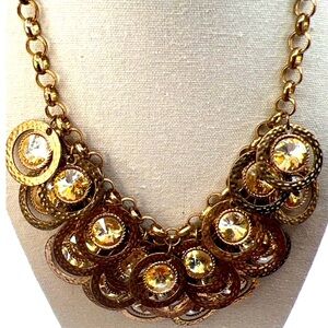 Vintage Bronze Statement Necklace With Clear Crystal Accents & Circular Layered